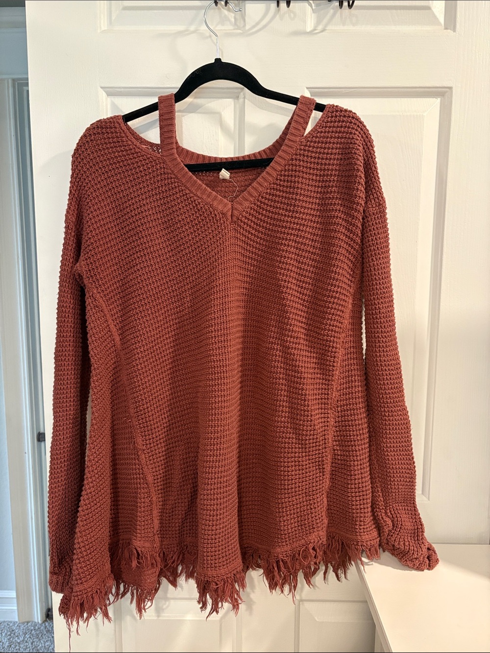 Wishlist Rust Waffle-Knit V-Neck Tunic Sweater with shoulder cutouts